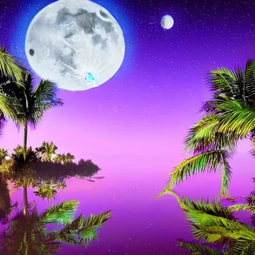 Image similar to dreamy wistful oasis whimsical purple pink blue calm nighttime stars palm tree lush pond reflecting moon