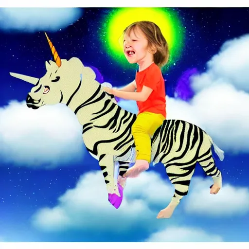 Image similar to a happy child rides a unicorn tiger between the clouds