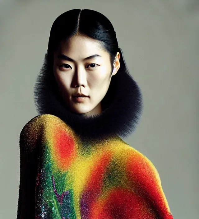 Image similar to photography facial portrait of liu wen, natural background, natural pose, wearing stunning cape by iris van herpen, with a colorfull makeup. highly detailed, skin grain detail, photography by paolo roversi, nick knight, helmut newton, avedon, araki