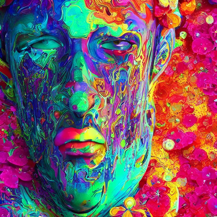 Image similar to illustration of a colorful melting human head. flowers and blossoms, ferrofluids, burning water distortions. intricate abstract. intricate artwork. by tooth wu, wlop, beeple, dan mumford. octane render, trending on artstation, greg rutkowski, cinematic