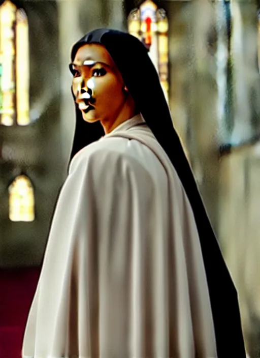 Image similar to a film still of kim kardashian as a nun with her bust slightly exposed. backround : church interior