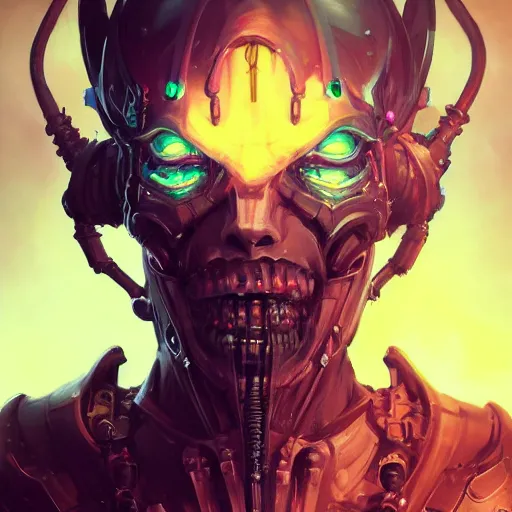 Image similar to portrait of a malevolent cybernetic duke of hell, cyberpunk concept art by pete mohrbacher and artgerm and wlop and greg rutkowski and deathburger, digital art, highly detailed, intricate, sci-fi, sharp focus, Trending on Artstation HQ, deviantart, unreal engine 5, 4K UHD image