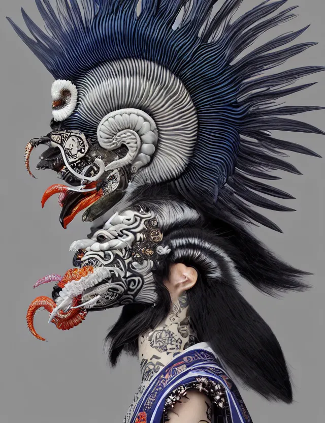 Image similar to 3 d coherent goddess close - up profile portrait punk with mohawk with ram skull. beautiful intricately detailed japanese crow kitsune mask and clasical japanese kimono. betta fish, jellyfish phoenix, bio luminescent, plasma, ice, water, wind, creature, artwork by tooth wu and wlop and beeple and greg rutkowski