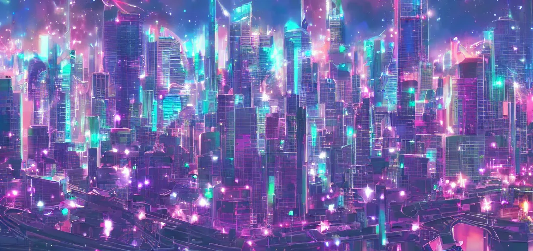 Prompt: The city of Crystal Tokyo from Sailor Moon, circa the year 2994, digital painting