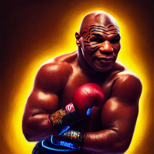 Prompt: full body portrait of mike tyson by mandy jurgens, cartoon, oil painting, visionary art, magic symbols, holy halo, neon ambient lighting, high detail, dark vibrant colors