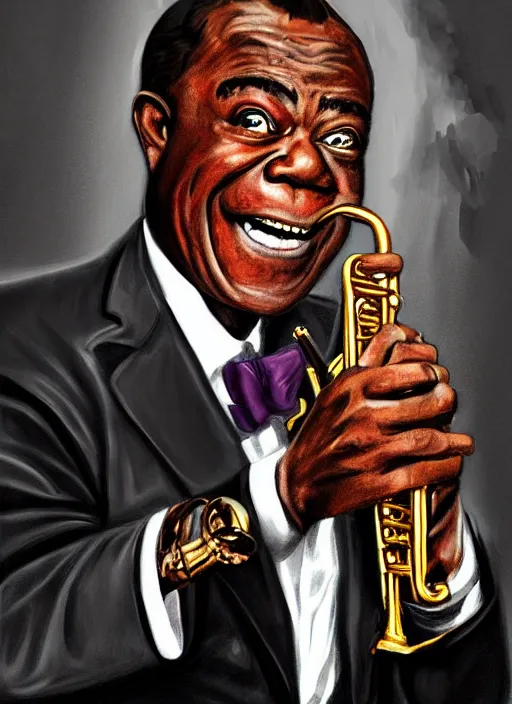 Prompt: a portrait of louis armstrong telling a joke, by julia condon, dramatic lighting, highly detailed digital painting