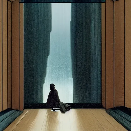 Image similar to on a rainy day, the girl sits in a clean high - end coffee shop and looks out the window, illustration, concept art, elegant, smooth, serene landscape, lonely, sad, caspar david friedrich, beeple