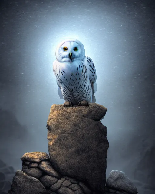 Prompt: an extremely detailed masterpiece surreal painting of a snow owl on a rock, in the style of brian froud, brian despain, brian bolland, digital art, unreal engine, volumetric lighting, dark moody lighting, post apocalyptic, 4 k