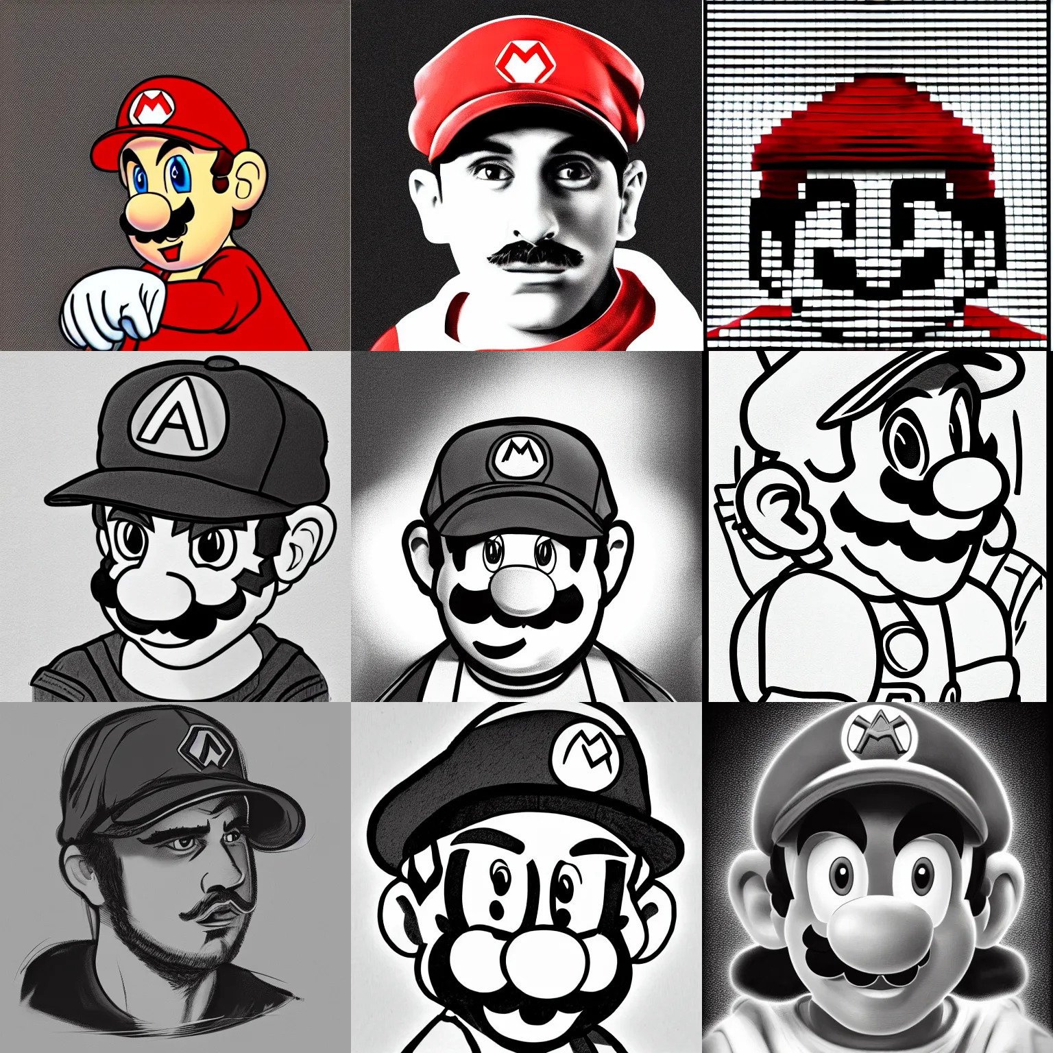 Prompt: portrait art of mario from super mario bros. facing downward, hat covering eyes, hand holding cap brim, black background, faded color palette, red selective coloring, black and white