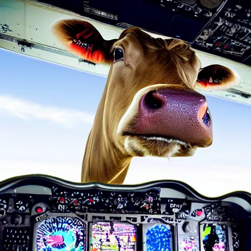 Image similar to a highly detailed ultra realistic photograph of a cow that is an airplane pilot