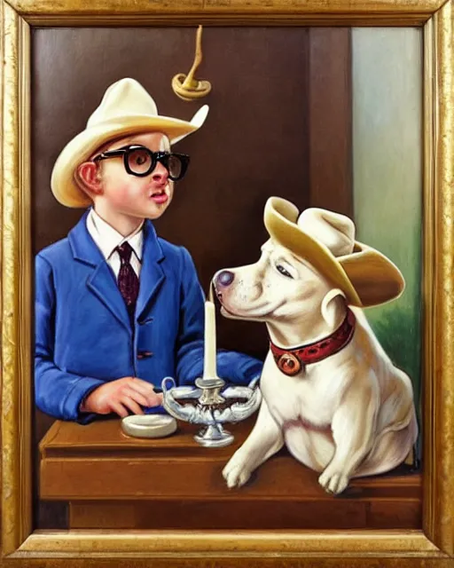 Prompt: masterpiece painting of the Milkybar kid with blonde hair, cowboy hat and glasses, kissing dog, on the altar, at their wedding. In the style of JC Leyendecker