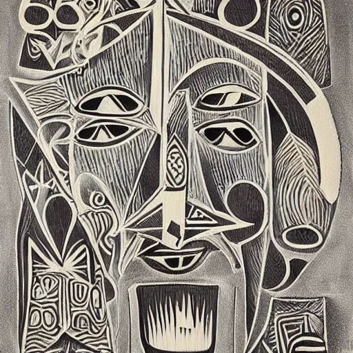 Prompt: Abstract expressionist matte painting detailed intricate patterns of African tribal masks in the style of Picasso