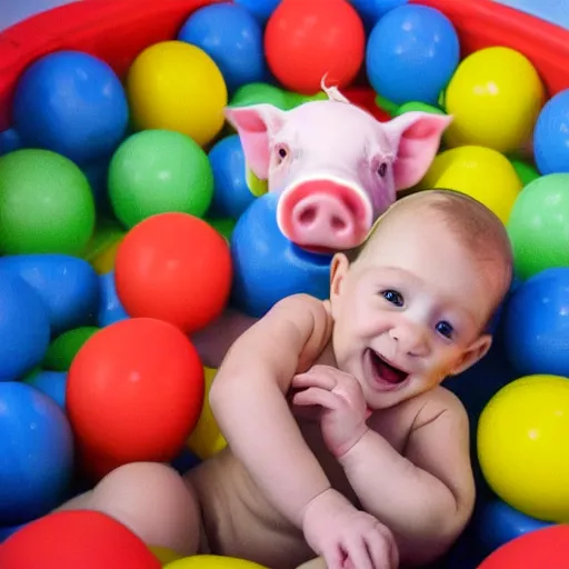 Image similar to infant riding on the back of a pig in a ball pit