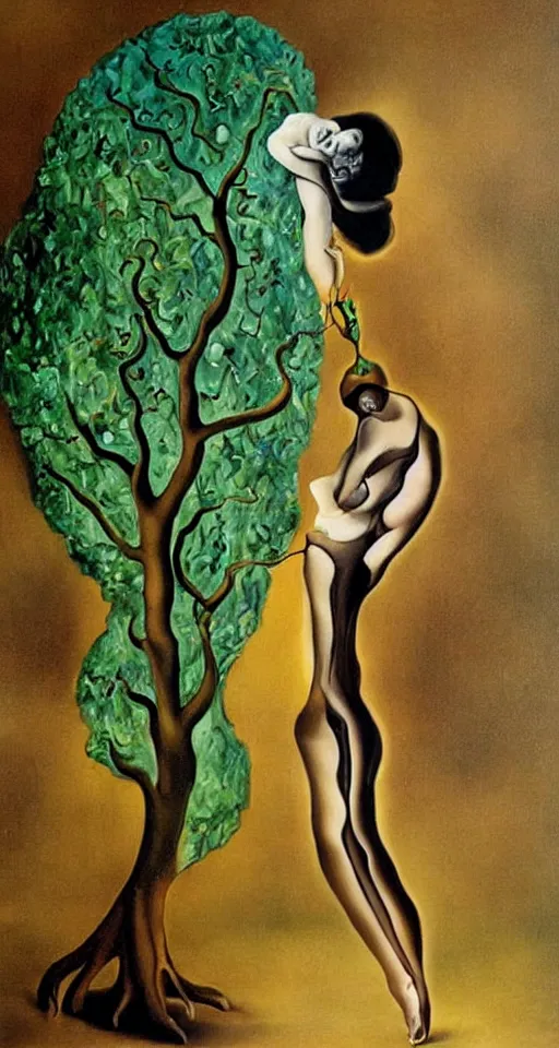 Image similar to Marie Curie hugging a tree, surreal oil painting by Salvador Dalí