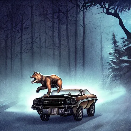 Prompt: werewolf driving a car, crashing it, artstation, Michael Whelan, digital art, felix Kelly, 8k photography