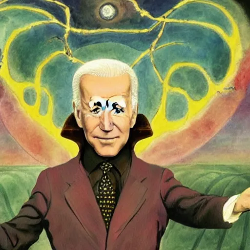 Image similar to joe biden as demiurge creating 1 9 5 0 s world, painting by william blake and jon mcnauhgton