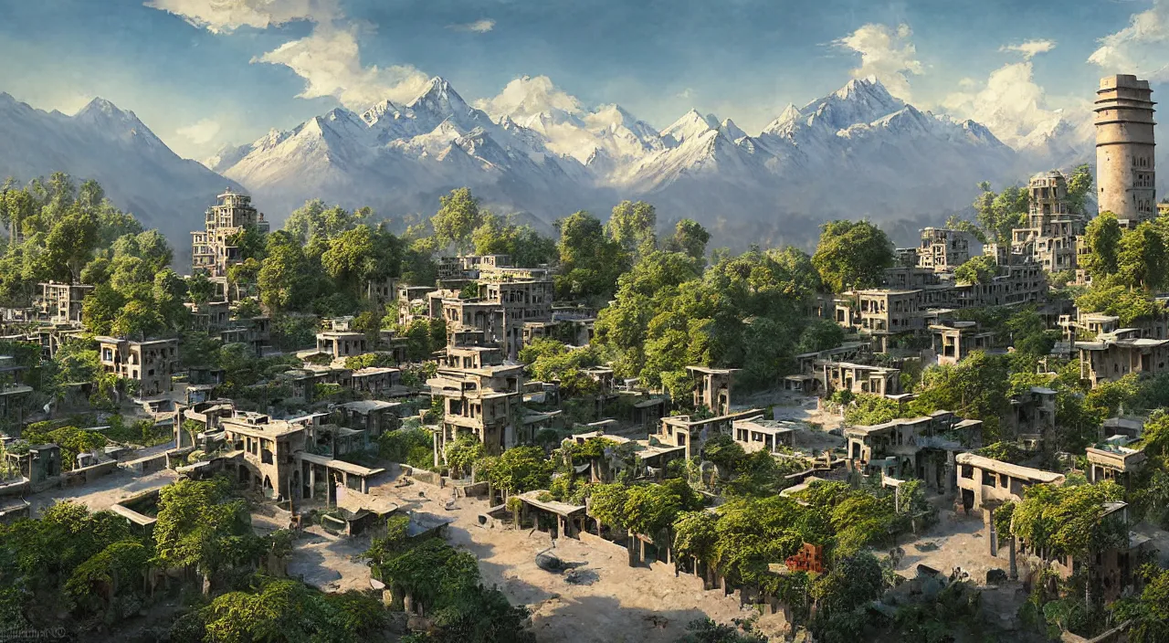 Image similar to retrofutristic city under kashmir mountains, khanqah - e - muala, little wood bridge, painting of tower ivy plant in marble late afternoon light, wispy clouds in a blue sky, by frank lloyd wright and greg rutkowski and ruan jia