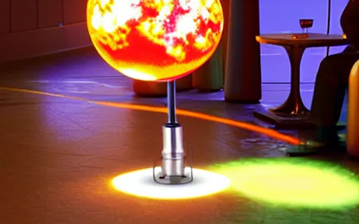 Image similar to two anthropomorphic plasma ball lamps having an awkward dinner date