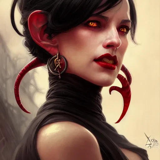 Prompt: Portrait of jovial female tiefling sorceress, D&D, red eyes, face, short black hair, fantasy, intricate, elegant, highly detailed, digital painting, artstation, concept art, smooth, sharp focus, illustration, art by artgerm and greg rutkowski and alphonse mucha