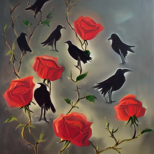 Image similar to flock of ravens in the shape of a rose. painting, oil on canvas