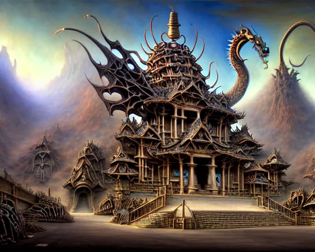 Prompt: street view of a temple made of dragon skeletons, fantasy landscape made of fractals facing each other, ultra realistic, wide angle, intricate details, the fifth element artifacts, highly detailed by peter mohrbacher, hajime sorayama, wayne barlowe, boris vallejo, aaron horkey, gaston bussiere, craig mullins