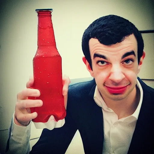 Prompt: “ nathan fielder drinking from a huge soda bottle ”