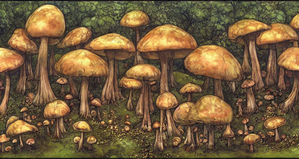 Image similar to A tribal village in a forest of giant mushrooms, by Brian Froud