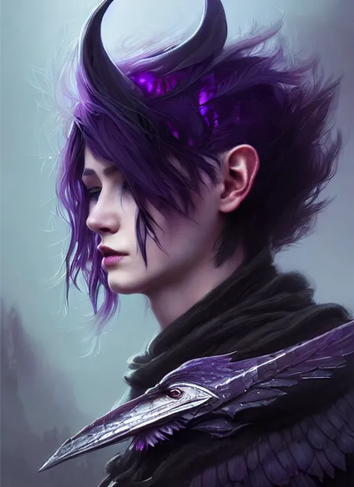 Image similar to side portrait crow, adventurer outfit large cloak, fantasy forest landscape, dragon scales, fantasy magic, undercut hairstyle, short purple black fade hair, dark light night, intricate, elegant, sharp focus, illustration, highly detailed, digital painting, concept art, matte, art by WLOP and Artgerm and Greg Rutkowski and Alphonse Mucha, masterpiece