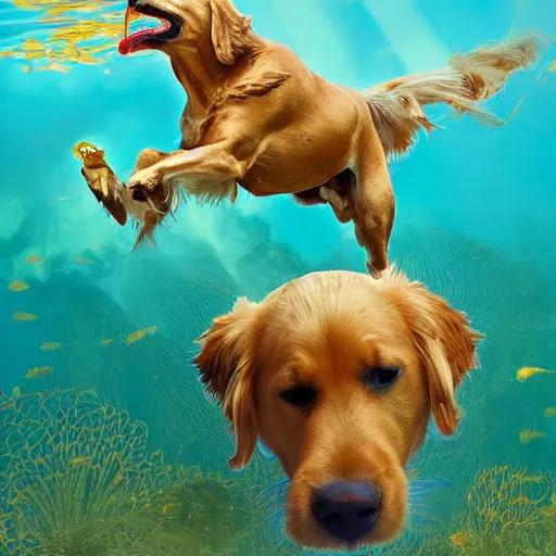 Prompt: a golden retriever riding on the back of an eagle, underwater, with a school of fish behind them, digital art