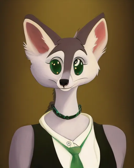 Image similar to oil painting of anthromorphic female wolf, in style of zootopia, female fursona, furry, furaffinity, 4 k, deviantart, furry art, fursona art, wearing black business suit, business suit, wolf fursona, female, very expressive detailed feminine face,