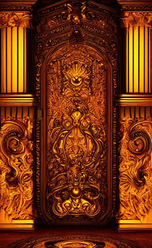 Image similar to a ornamental gate into hell, gold, ornament, intarsia, portal, doorway, dynamic lighting, ambient lighting, atmospherical, photorealistic fantasy concept art, trending on art station, stunning visuals, creative, cinematic, ultra detailed