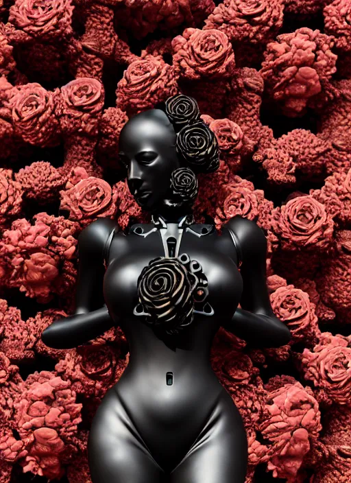 Image similar to biomechanical black statue made of corals, daisies, roses, well contoured smooth fair walls carrying perfume bottle, up close shot, sharp focus, global illumination, radiant light, alexandre ferra white mecha, irakli nadar, octane highly render, 4 k, ultra hd,