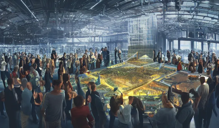 Image similar to large group people in a frame warehouse, looking at hologram of futuristic city on a table, cinematic concept art, godrays, golden hour, natural sunlight, 4 k, clear details, tabletop model buildings, center tabletop model, hologram center, crane shot, crane shot, crane shot