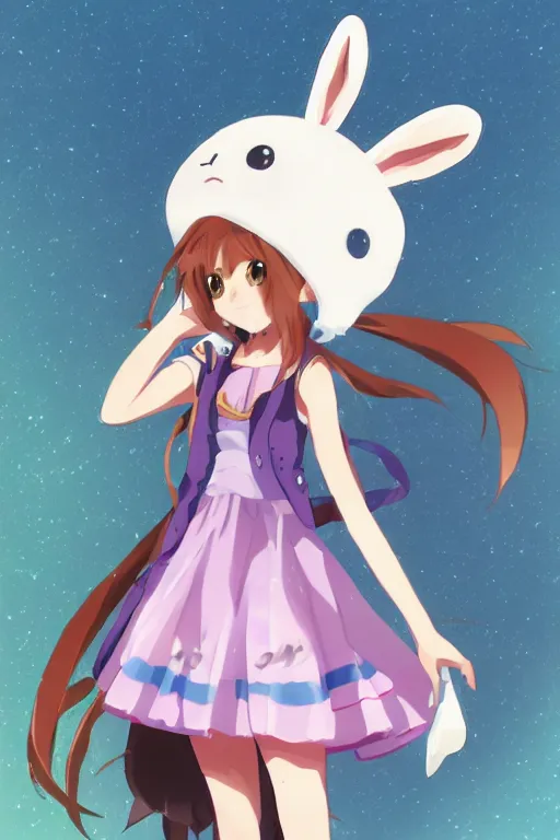 Image similar to Tonemapped cheerful Anime girl with bunny hat in the style of Makoto Shinkai and Clamp