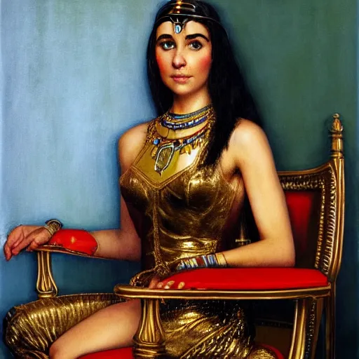 Image similar to Portrait still photograph of young Cleopatra sitting on her throne in the Oval Office by Norman Rockwell, detailed, textured, medium shot, mid-shot, trending on Artstation