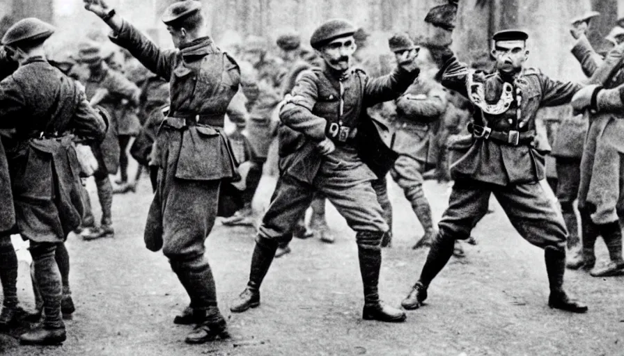 Prompt: french soldier dabbing during ww 1 ( 1 9 1 6 ), historical photograph, highly detailed, dabbing