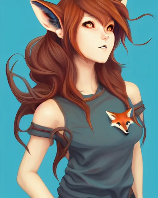 Image similar to fullbody portrait of wild half - fox woman with fox nose and ears, wearing summer jeans shorts and tshirt, anime art, concept art, detailed attractive face with fox nose and fox mouth, symmetrical, trending on pixiv, by lois van baarle by sung choi by john kirby artgerm style pascal blanche and magali villeneuve