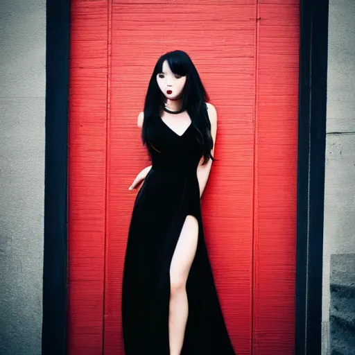 Image similar to Beautiful woman in a black and red dress, long black hair, professional photography