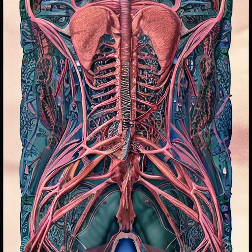 Image similar to cyberpunk, highly detailed labeled medical anatomy poster, anatomical drawing on poster paper with notes, extra beautiful colorful full page antique lithograph of artnouveau borders and designs, muted colors, parchment paper, art print, well - lit, ray tracing, horror, eldritch abomination, hyper realistic, 8 k post - processing
