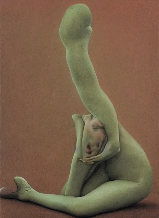 Image similar to ballerina fetal position, painted by zdzislaw beksinski