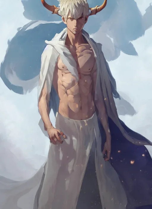 Image similar to concept art painting of a tan person with short white hair, demon horns, white freckles, and blue robes, detailed, cel shaded, in the style of ruan jia and artgerm and makoto shinkai and james gurney