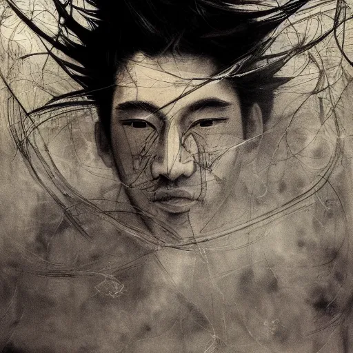 Image similar to Yoshitaka Amano blurred and dreamy illustration of a man with black short hair fluttering in the wind and cracks on his face, abstract black and white patterns on the background, noisy film grain effect, highly detailed, Renaissance oil painting, weird portrait angle