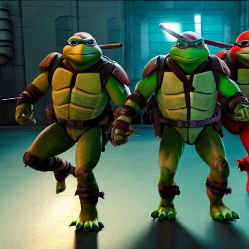Image similar to still photo of teenage mutant ninja turtles and star wars, highly detailed, photorealistic portrait, bright studio setting, studio lighting, crisp quality and light reflections, unreal engine 5 quality render