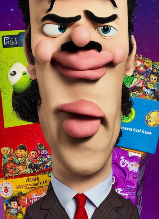 Prompt: trippy surrealist mark ruffalo portrait on a cereal box by aardman animation