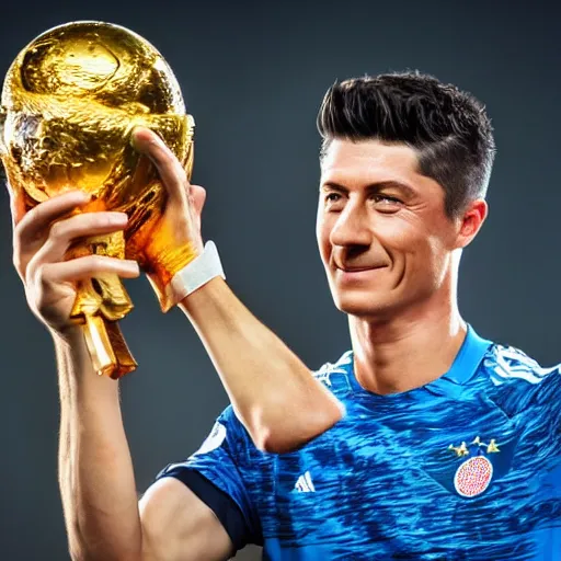 Image similar to portrait of Robert Lewandowski holding World Cup trophy, 4k, hq, high details, natural light, perfect quality, professional photography, award winning photo