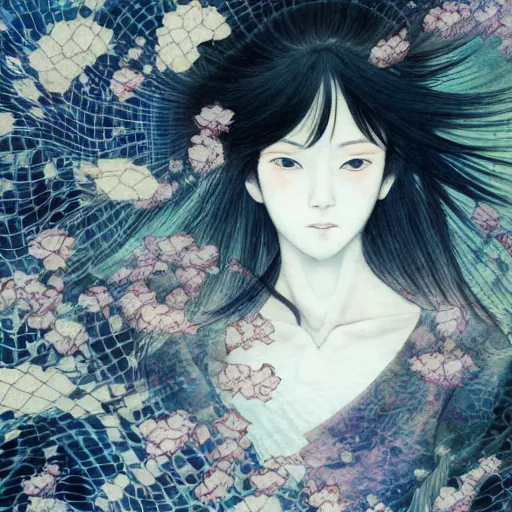 Prompt: yoshitaka amano blurred and dreamy realistic illustration of a young japanese woman with black eyes, wavy white hair fluttering in the wind wearing dress suit with tie, junji ito abstract patterns in the background, satoshi kon anime, noisy film grain effect, highly detailed, renaissance oil painting, weird portrait angle, blurred lost edges, three quarter view