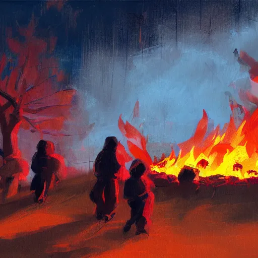 Image similar to a camp with tents on fire, burning down, shadows of 3 girls watching the camp burn, snow, dusk, painted by Sylvain Sarrailh, trending on Artstation