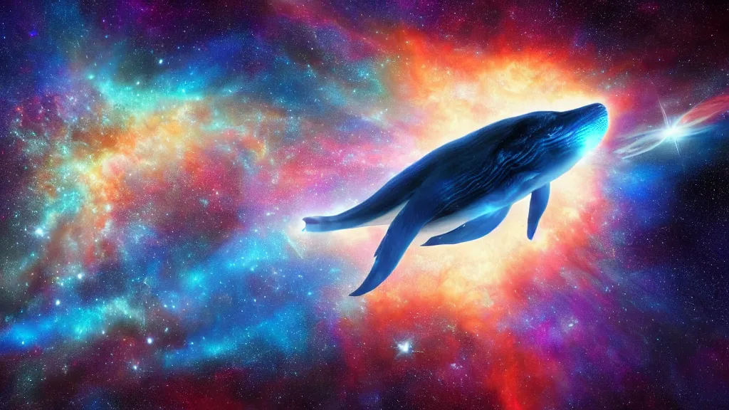 Image similar to Blue fire whale flying through a nebula, star dust, cosmic, magical, shiny, glow,cosmos, galaxies, stars, stunning, vivid colors, by andreas rocha and john howe, and Martin Johnson Heade, featured on artstation, featured on behance, golden ratio, ultrawide angle, hyper detailed, photorealistic, epic composition, wide angle, f32, well composed, UE5, 8k
