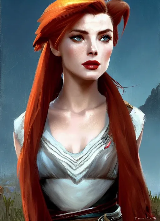 Prompt: A combination of Adriana Dxim and Grace Kelly’s and Ashley Greene's appearance with red hair as Aloy from Horizon Zero Dawn in the style of Assassins Creed, countryside, calm, fantasy character portrait, dynamic pose, above view, sunny day, thunder clouds in the sky, artwork by Jeremy Lipkin and Giuseppe Dangelico Pino and Michael Garmash and Rob Rey and Greg Manchess, very coherent asymmetrical artwork, sharp edges, perfect face, simple form, 100mm