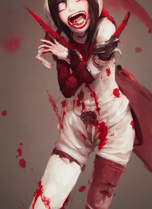 Image similar to a highly detailed illustration of short hair cute japanese girl wearing blood stained hoodie and bandages on legs, dramatic sadistic smile pose, intricate, elegant, highly detailed, centered, digital painting, artstation, concept art, smooth, sharp focus, league of legends concept art, WLOP